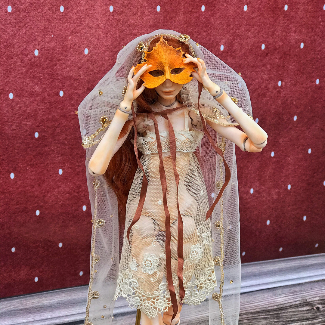 I love the details in the dolls’ outfits; my nymph has a mask in the shape of a maple leaf. - My, Doll, Jointed doll, Nymphs, Mask, Details, Doll, Longpost