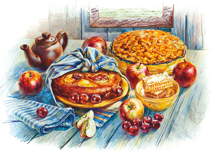 Russian cuisine - Food, Drawing, National cuisine, Kitchen, Longpost, Pie, Dumplings, Okroshka, Porridge, Easter