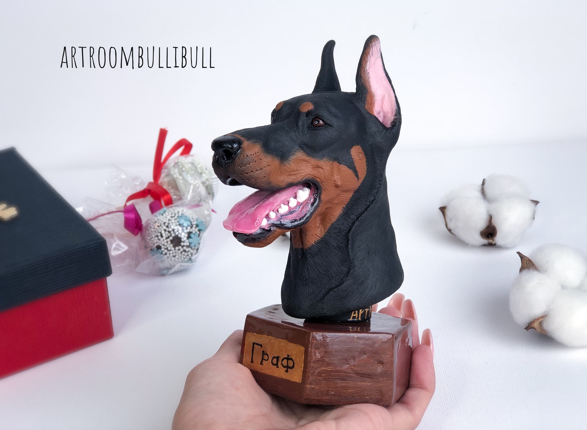 Bust Doberman - My, Doberman, Portrait figurine, Polymer clay, Handmade, Longpost, Needlework without process, Dog