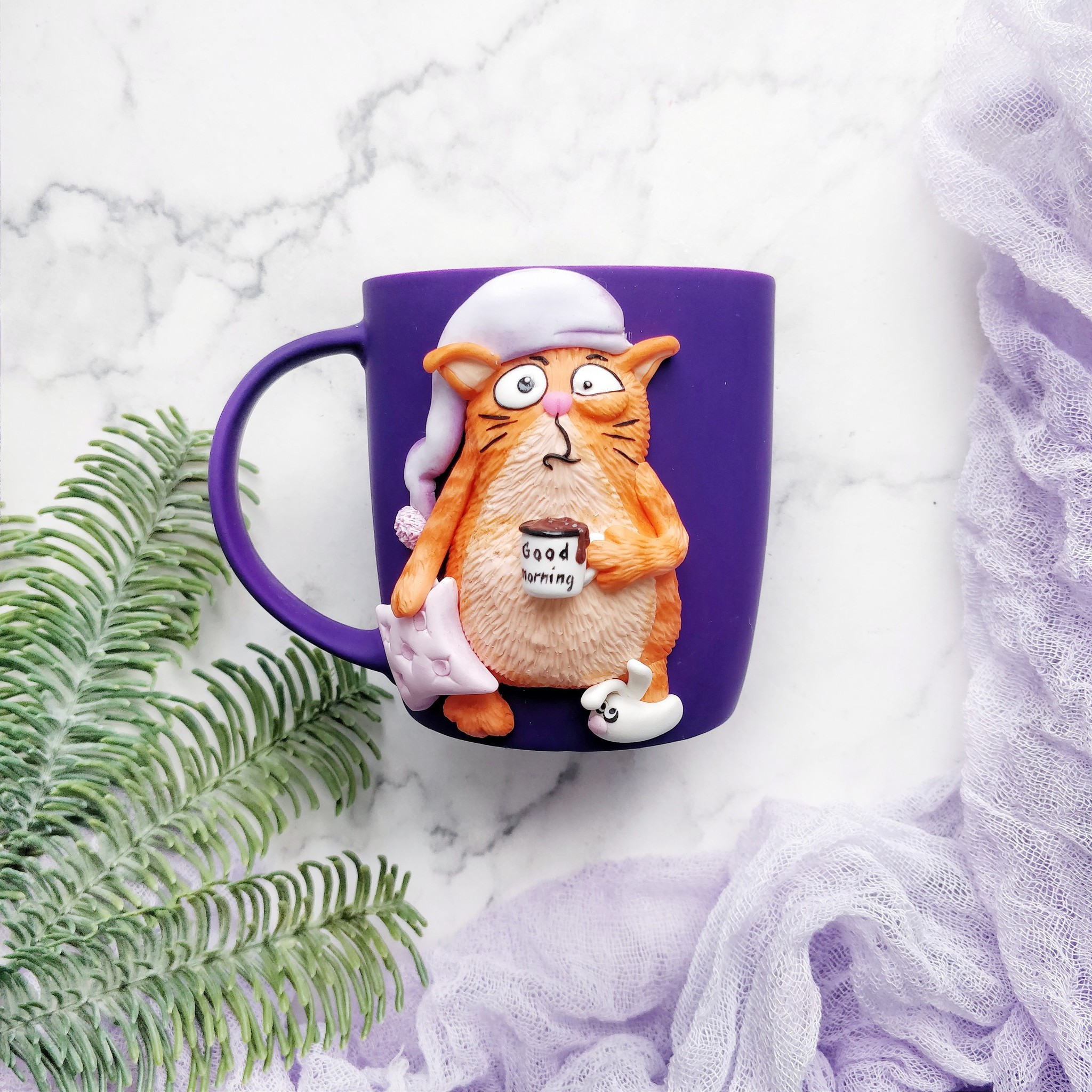 Tired cat on a mug) - My, Polymer clay, Handmade, Mug with decor, cat, New Year, Needlework without process