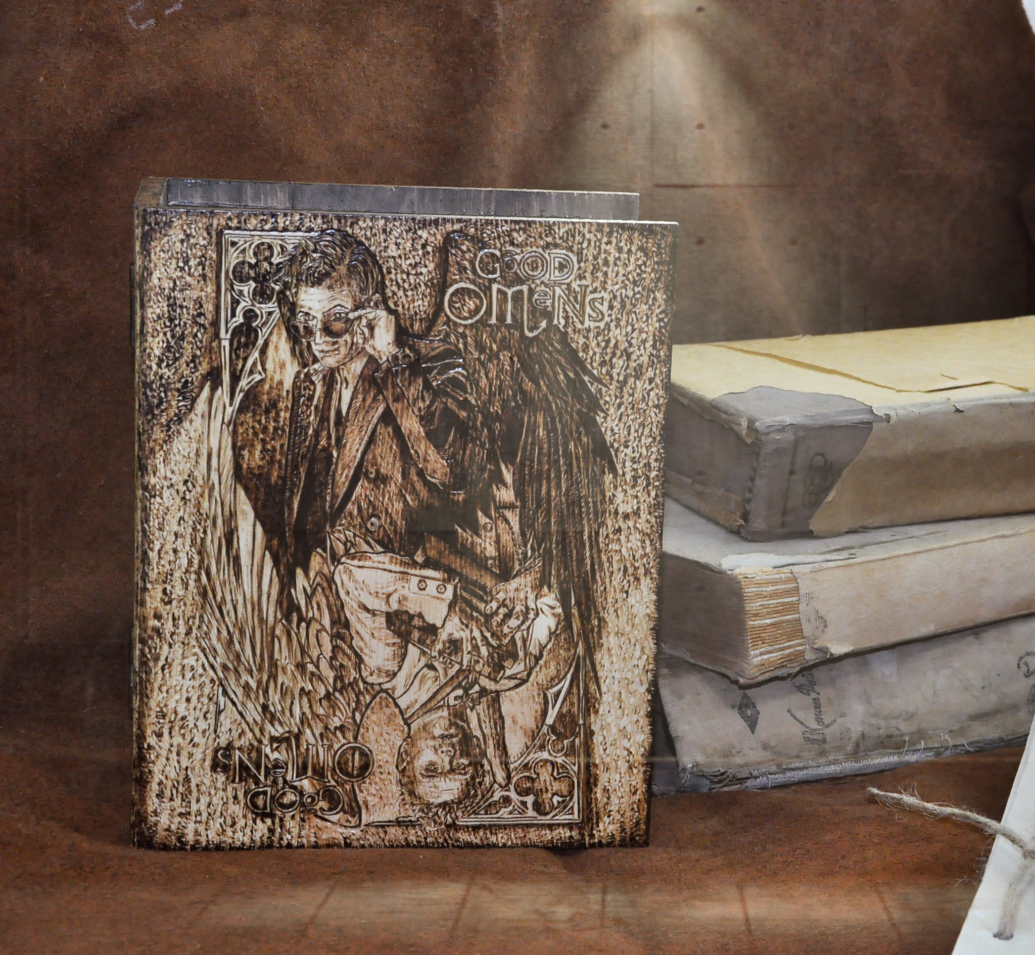 Good Omens - My, Good signs, David Tennant, Angel, Demon, Pyrography, Longpost, Needlework without process