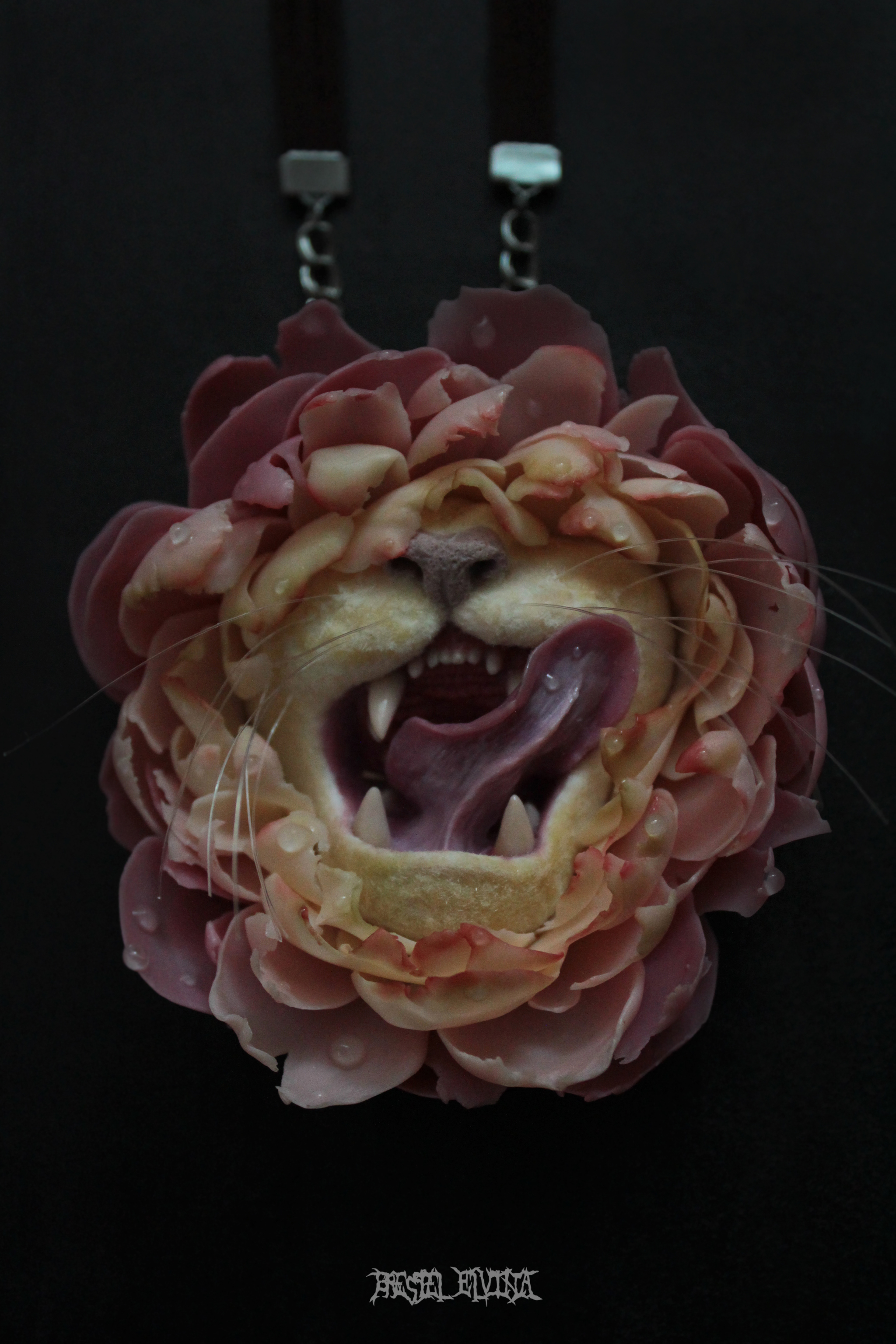 Licking peony cat made of polymer clay - My, Polymer clay, Needlework without process, Longpost, Surrealism, Peonies, cat