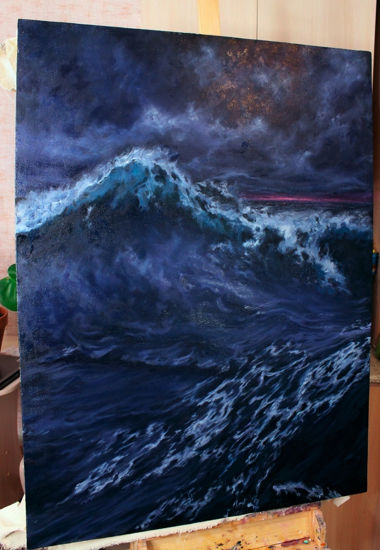 Light in the ocean - My, Oil painting, Ocean, Wave, Storm
