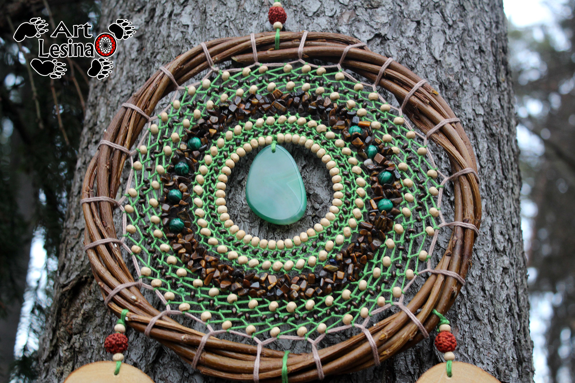 Dream catcher with natural malachite and tiger's eye - My, Dreamcatcher, Needlework, Needlework without process, Malachite, Tiger's Eye, Longpost