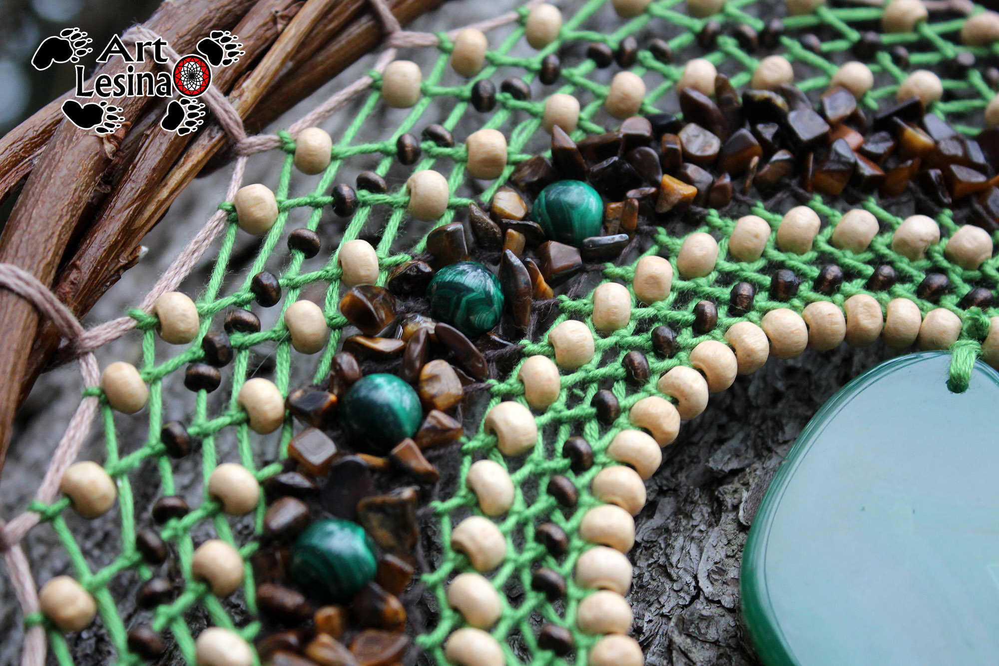 Dream catcher with natural malachite and tiger's eye - My, Dreamcatcher, Needlework, Needlework without process, Malachite, Tiger's Eye, Longpost