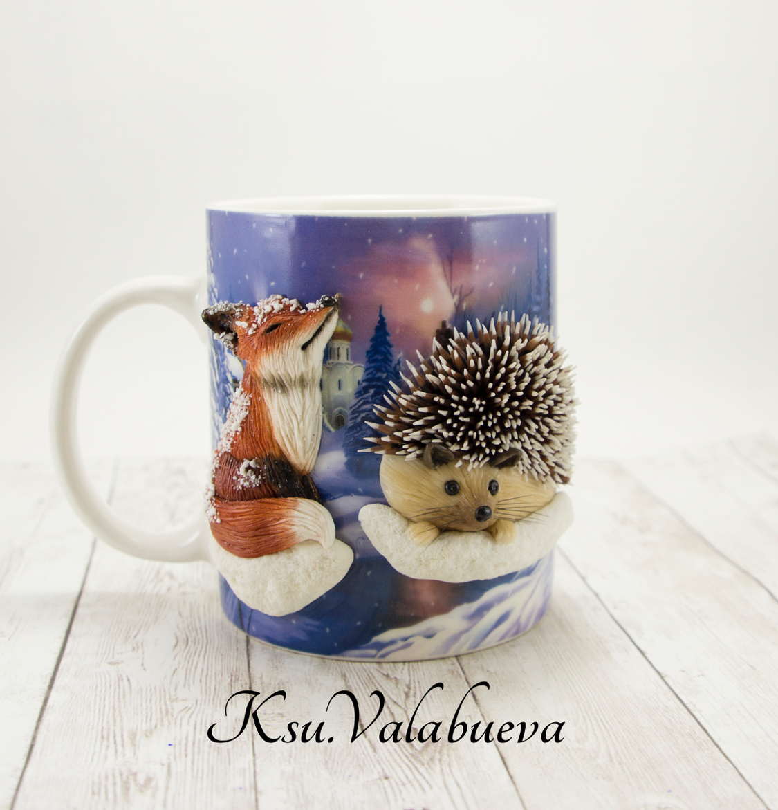 Mug with Fox and Prickly Hedgehog - My, Polymer clay, Кружки, Handmade, Decor, Fox, Hedgehog, Video, Needlework, Needlework without process