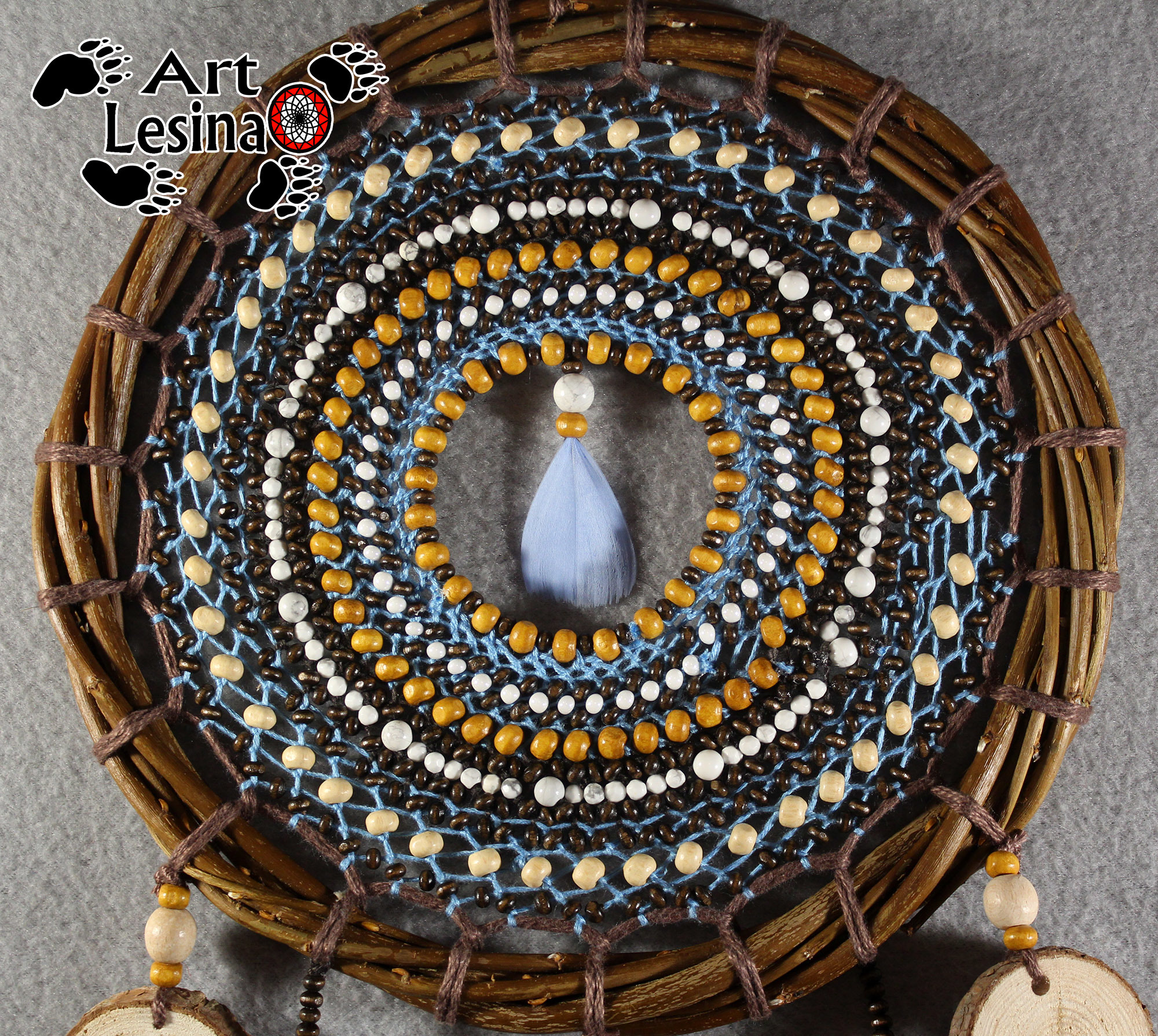 Dream catcher with cacholong and larch cuts - My, Needlework, Dreamcatcher, Needlework without process, Amulet, Longpost