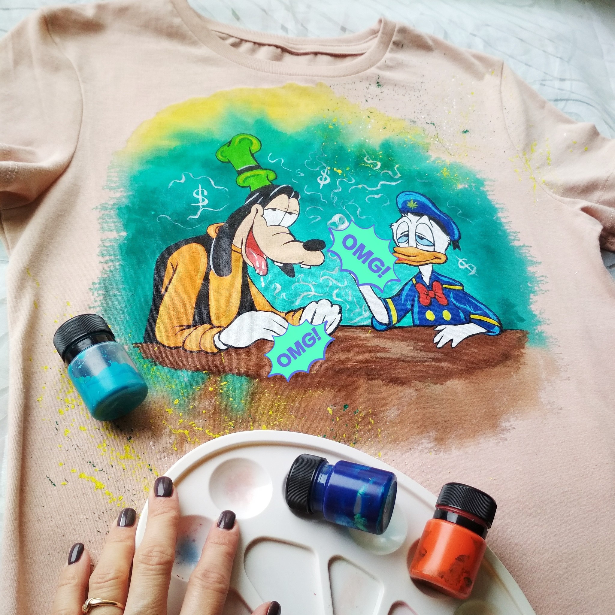 Hand-painted T-shirt. Goofy and Donald Duck - My, Creation, Goofy, Donald Duck, Painting on fabric, T-shirt, Longpost, Walt disney company, Painting, Acrylic