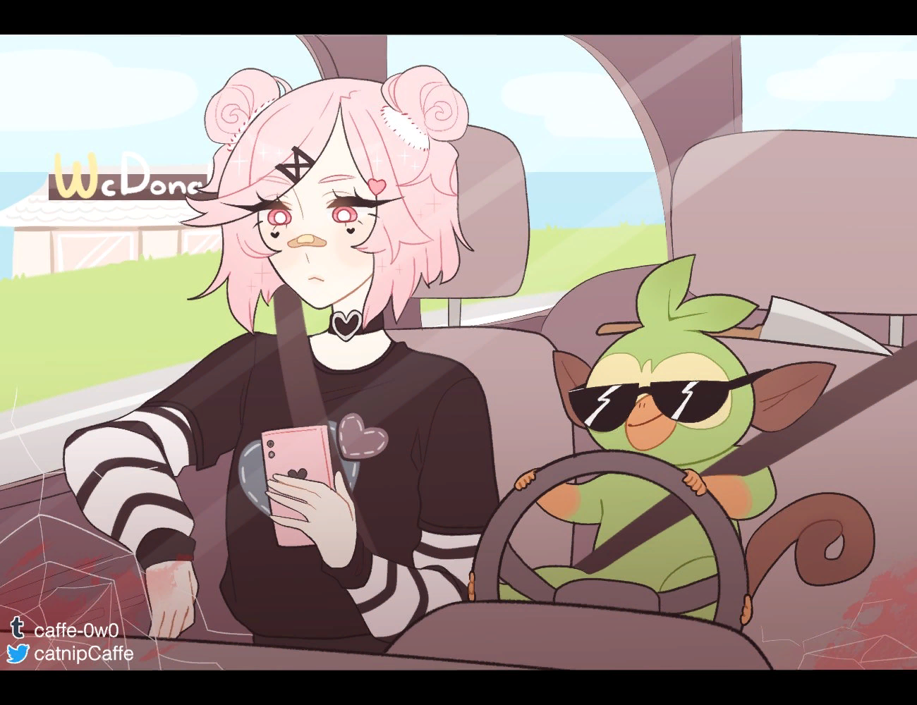 Natsuki and grookey - Doki Doki Literature Club, Pokemon, Grookey, Natsuki, Anime art, Anime, Visual novel, Crossover