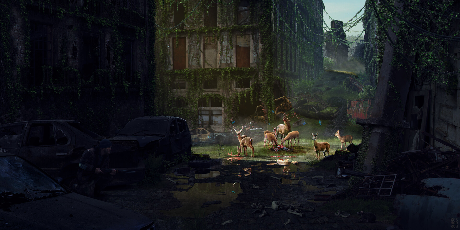 Don't feed the animals - Art, Drawing, Post apocalypse, The street, Deer