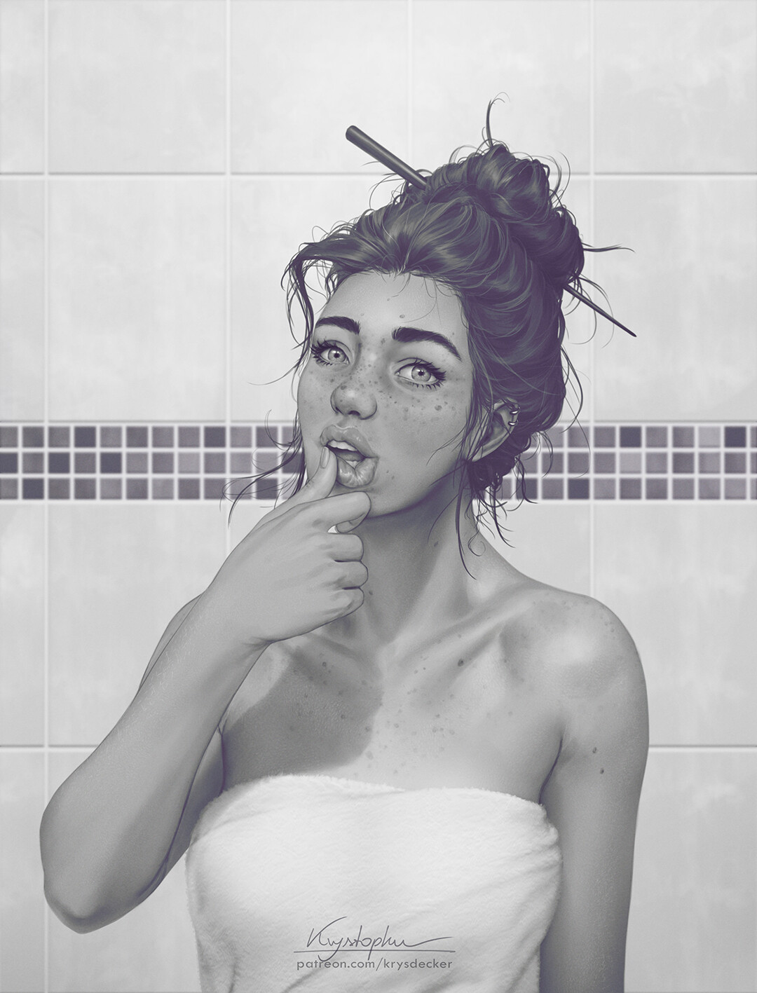 In the bathroom - Art, Drawing, Girls, Bathroom, Krysdecker, Longpost