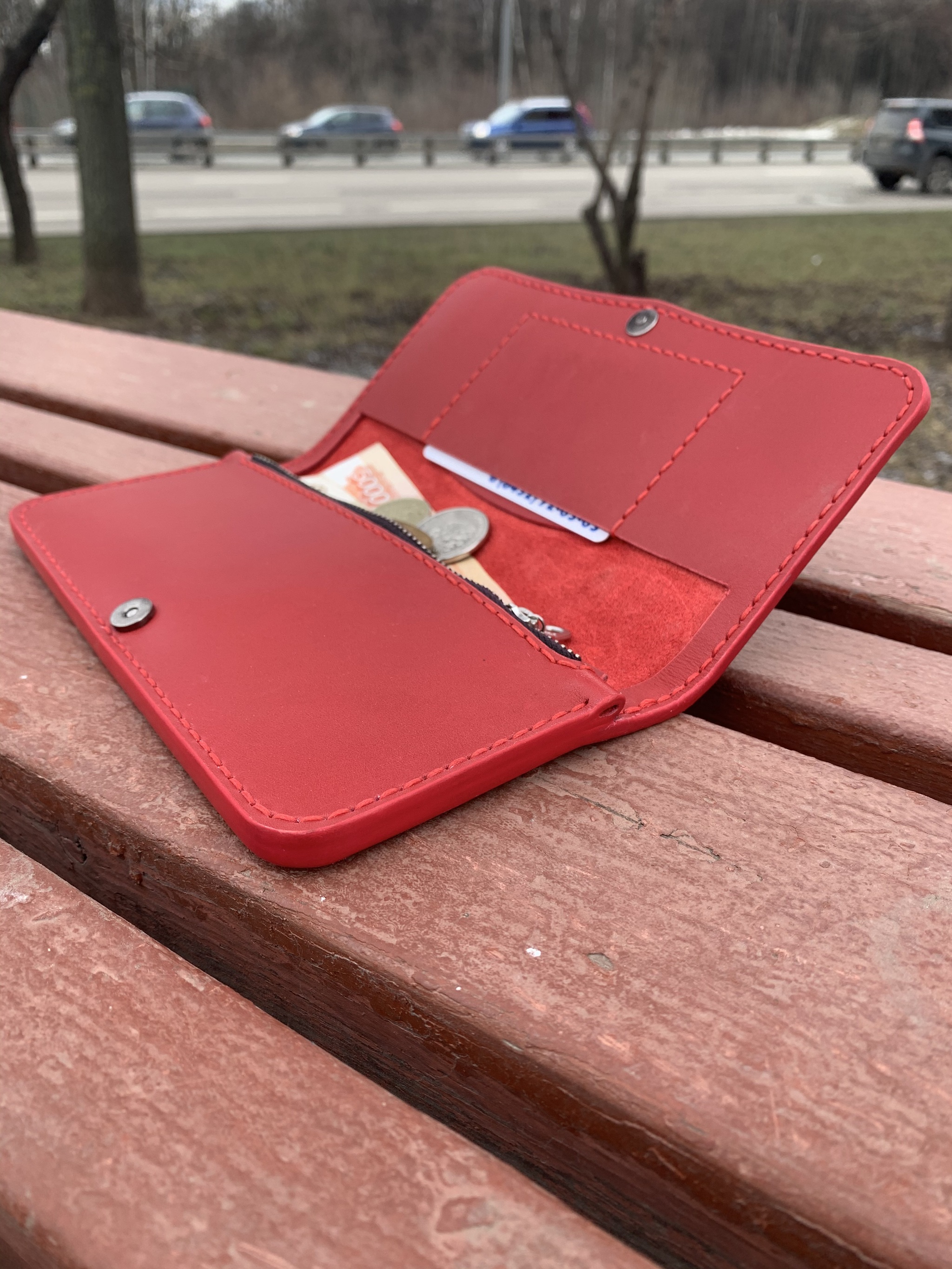 Very red women's wallet (+ process photo) - My, Leather products, With your own hands, Longpost, Wallet