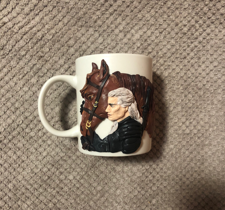 Geralt mug with Roach. The decor is made of polymer clay, the work took 5 hours! - Witcher, Geralt of Rivia, Polymer clay, Handmade, Кружки, Mug with decor, Needlework without process