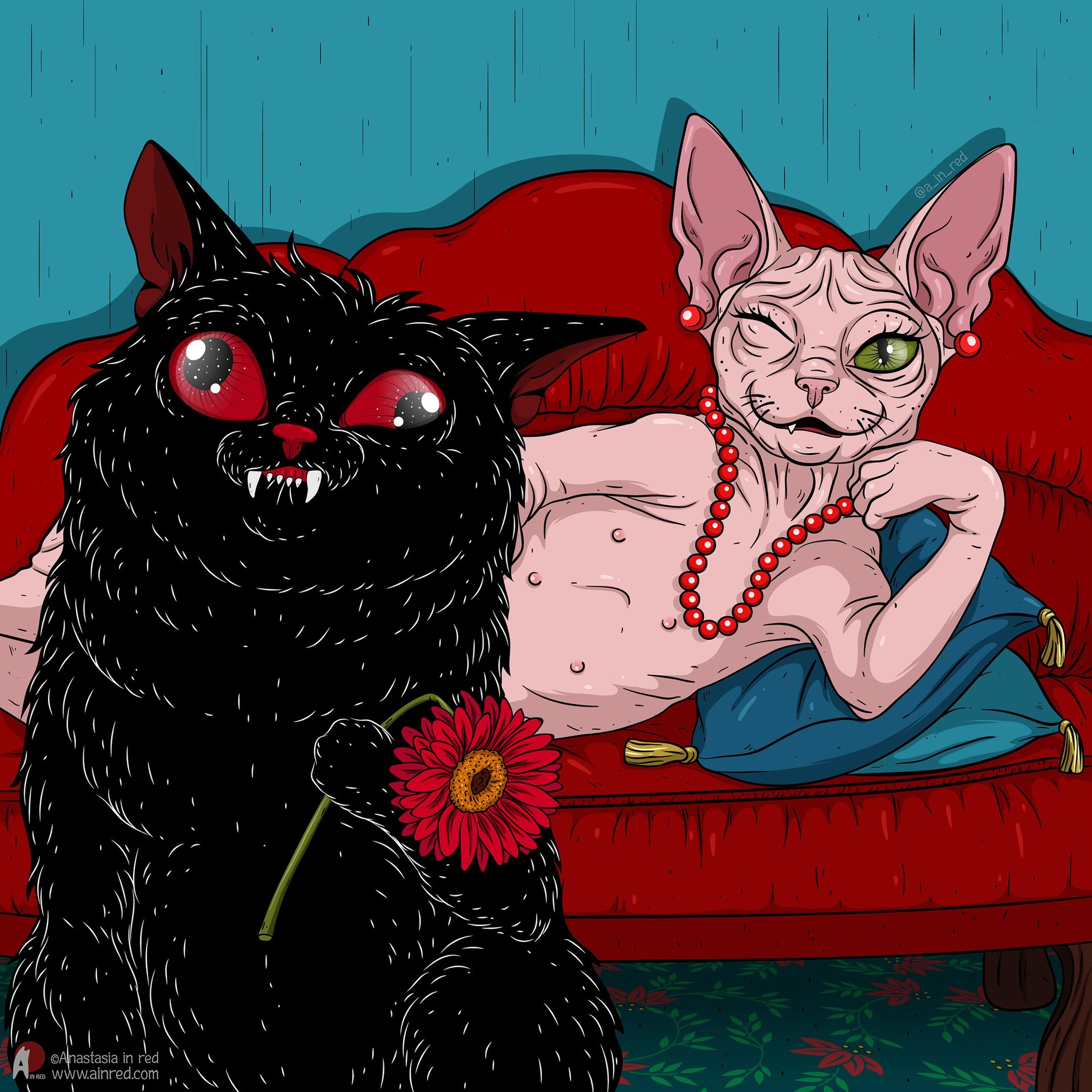 Devil's kitty - cat, Art, Softheaded, Black cat, Flowers, Sphinx, Longpost