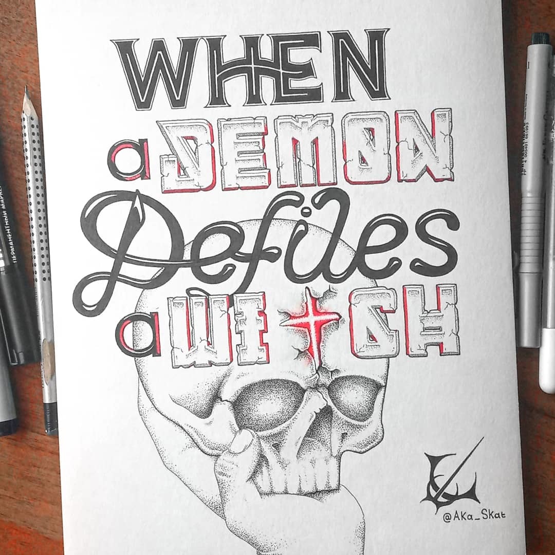 When a Demon Defiles a Witch - My, Drawing, Lettering, Scull, Dotwork, Whitechapel, Rock, Metal, Demon, Longpost