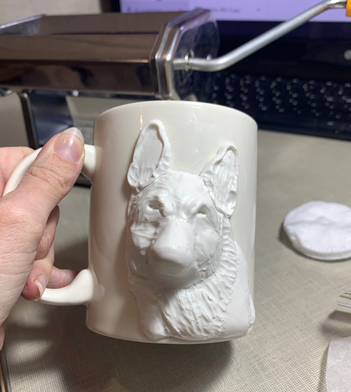 My first dog on the mug - My, Polymer clay, German Shepherd, Mug with decor, Dog, Handmade, Needlework with process, Longpost