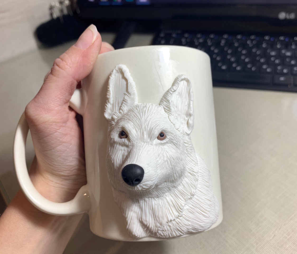 My first dog on the mug - My, Polymer clay, German Shepherd, Mug with decor, Dog, Handmade, Needlework with process, Longpost