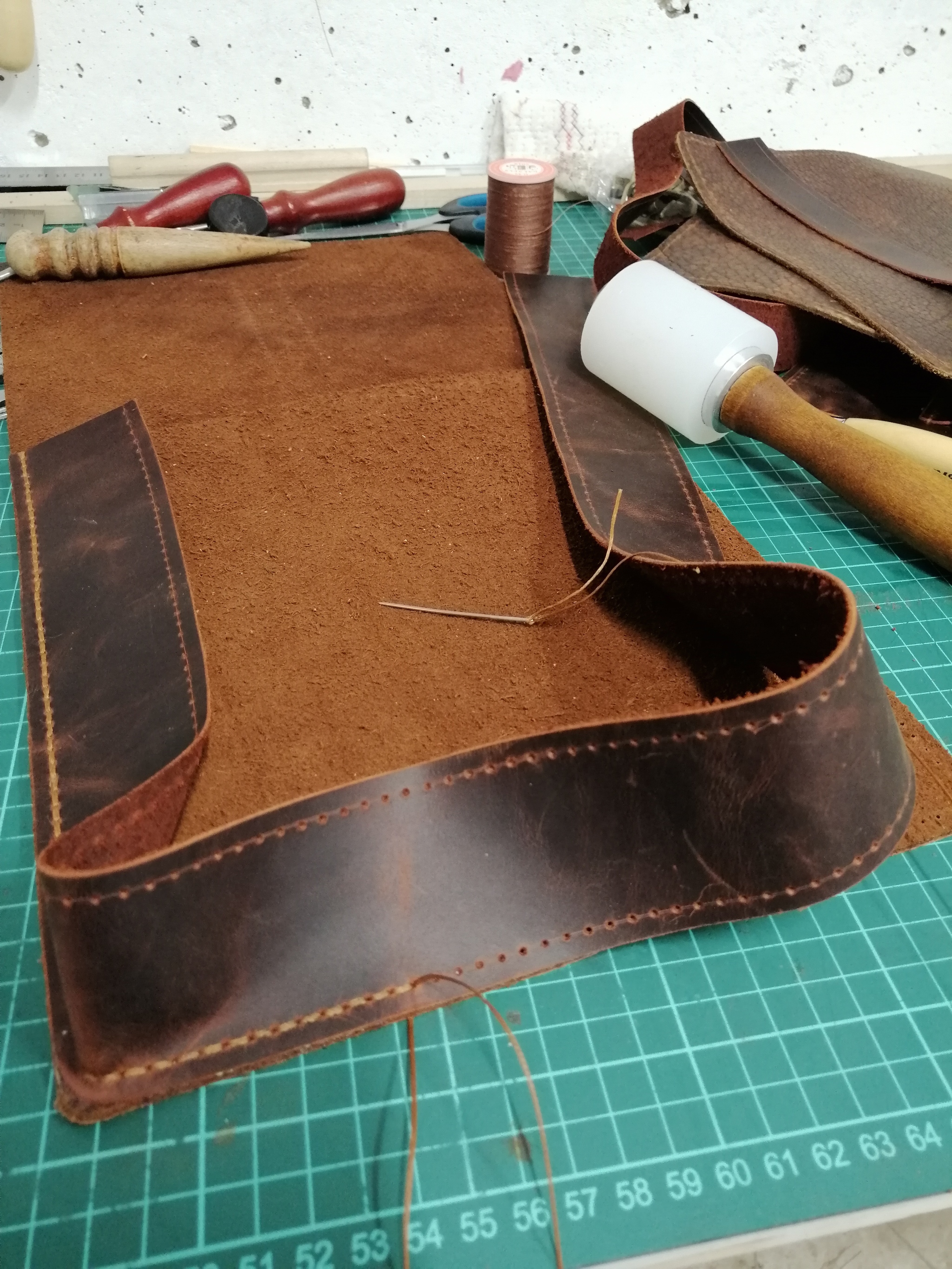 Men's bag, handmade, bison leather, crazy horse leather inserts - My, Handmade, Natural leather, Сумка, Longpost, Needlework with process