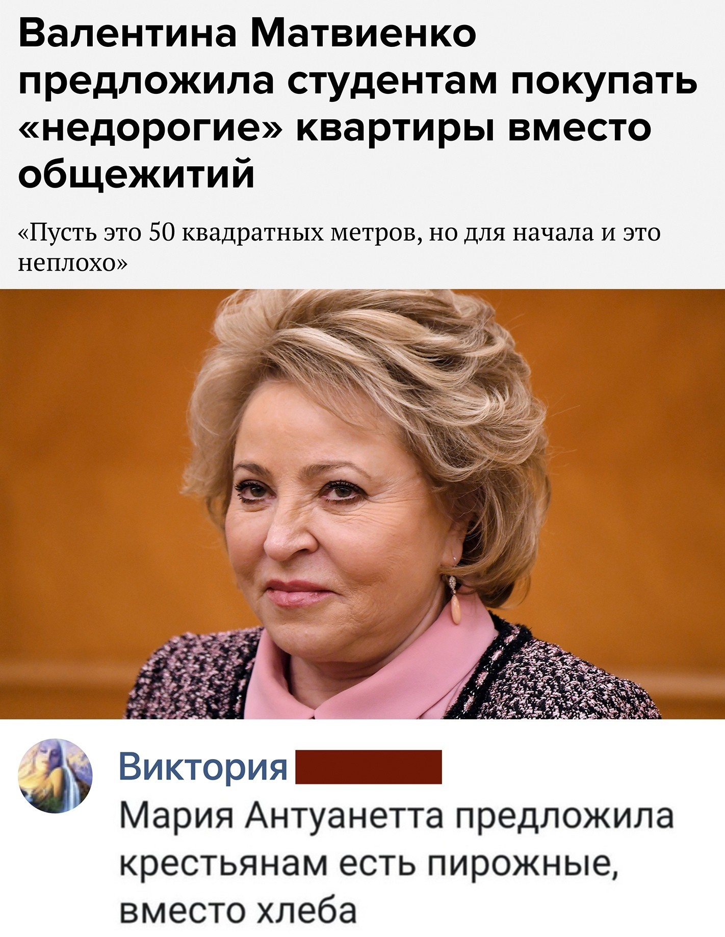 Humor in the feed - Politicians, Screenshot, Comments, Valentina Matvienko, Apartment, Students, Politics