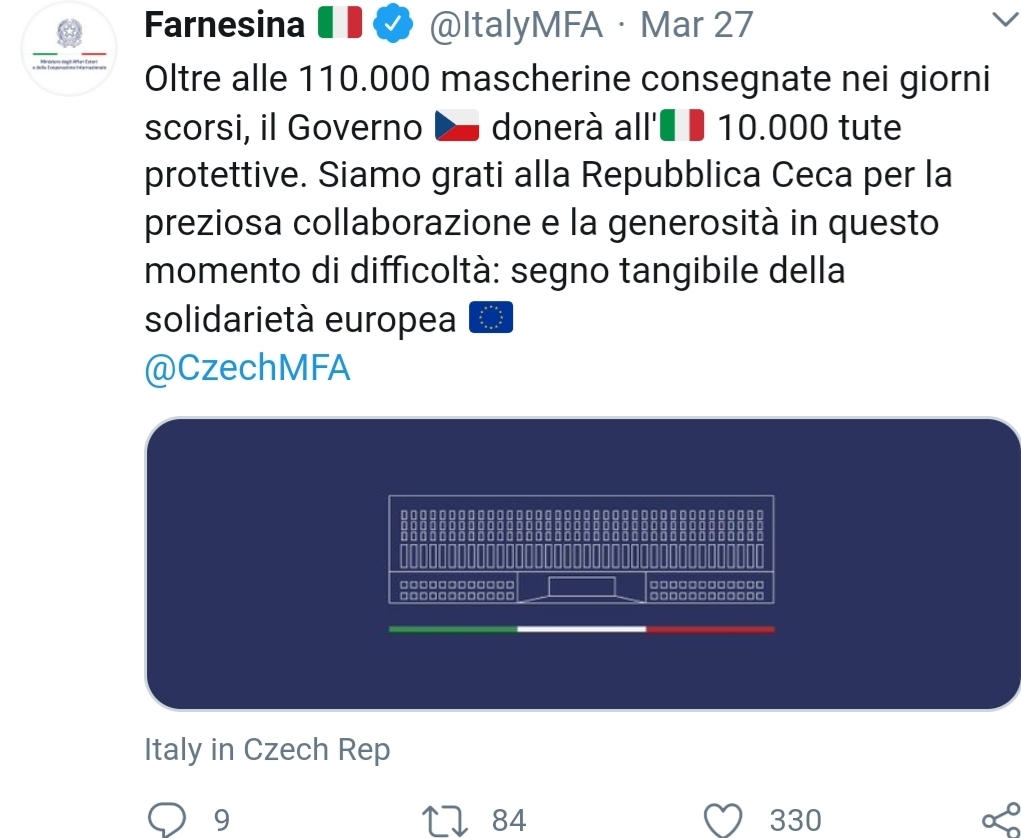 The Czech Republic apologized and gave Italy 110,000 masks as compensation - Coronavirus, Czech, Italy, Politics, European Union, Longpost