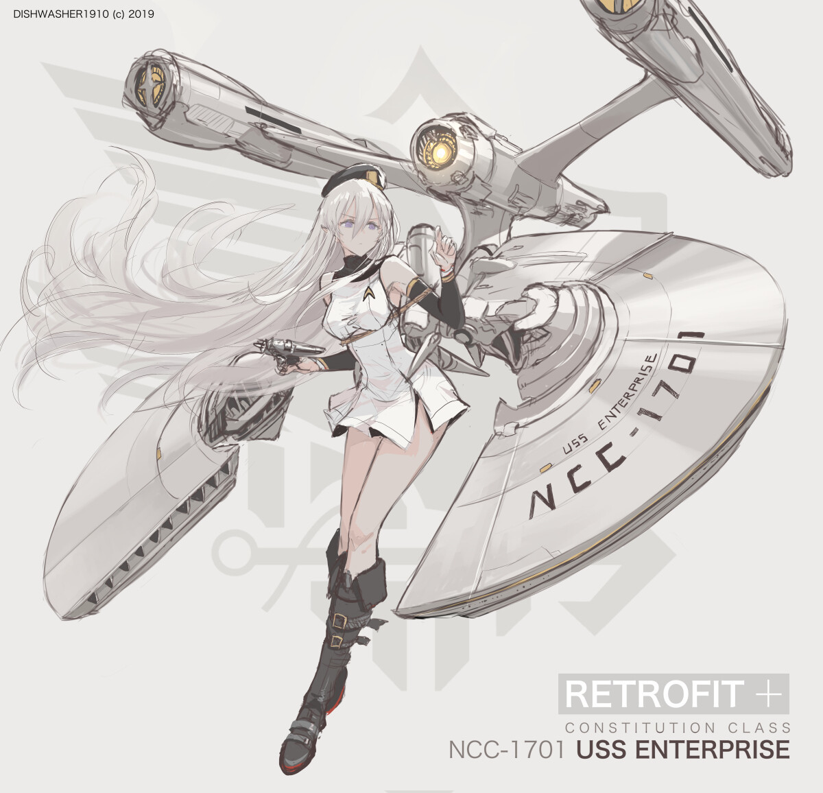 Enterprise Retrofit (Azure Lane crossover) - Арт, Anime Art, Azur Lane, Enterprise (Azur Lane), Кроссовер, Dishwasher1910, Хуманизация, Звездолет Энтерпрайз