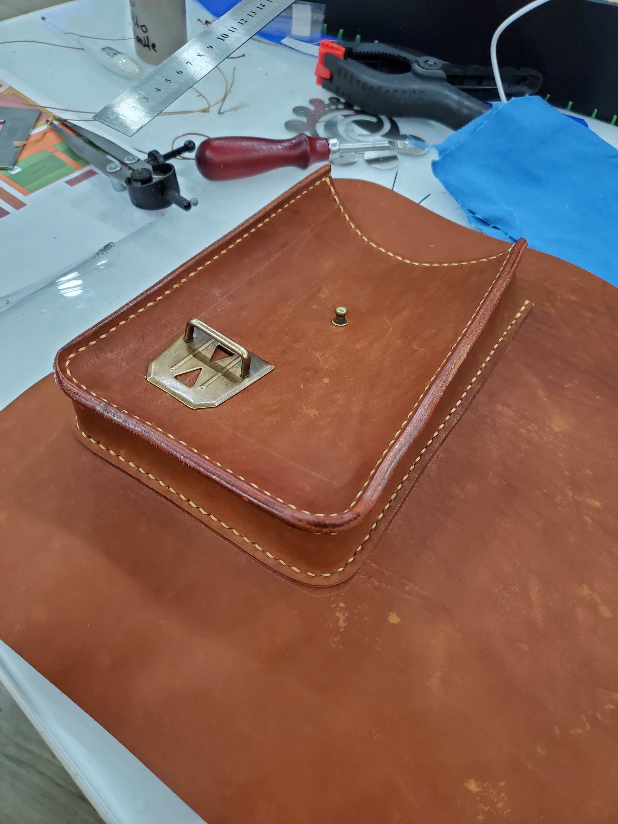 Leather briefcase. Brown - My, Leather products, Leather, With your own hands, Briefcase, Handmade, Longpost, Needlework with process