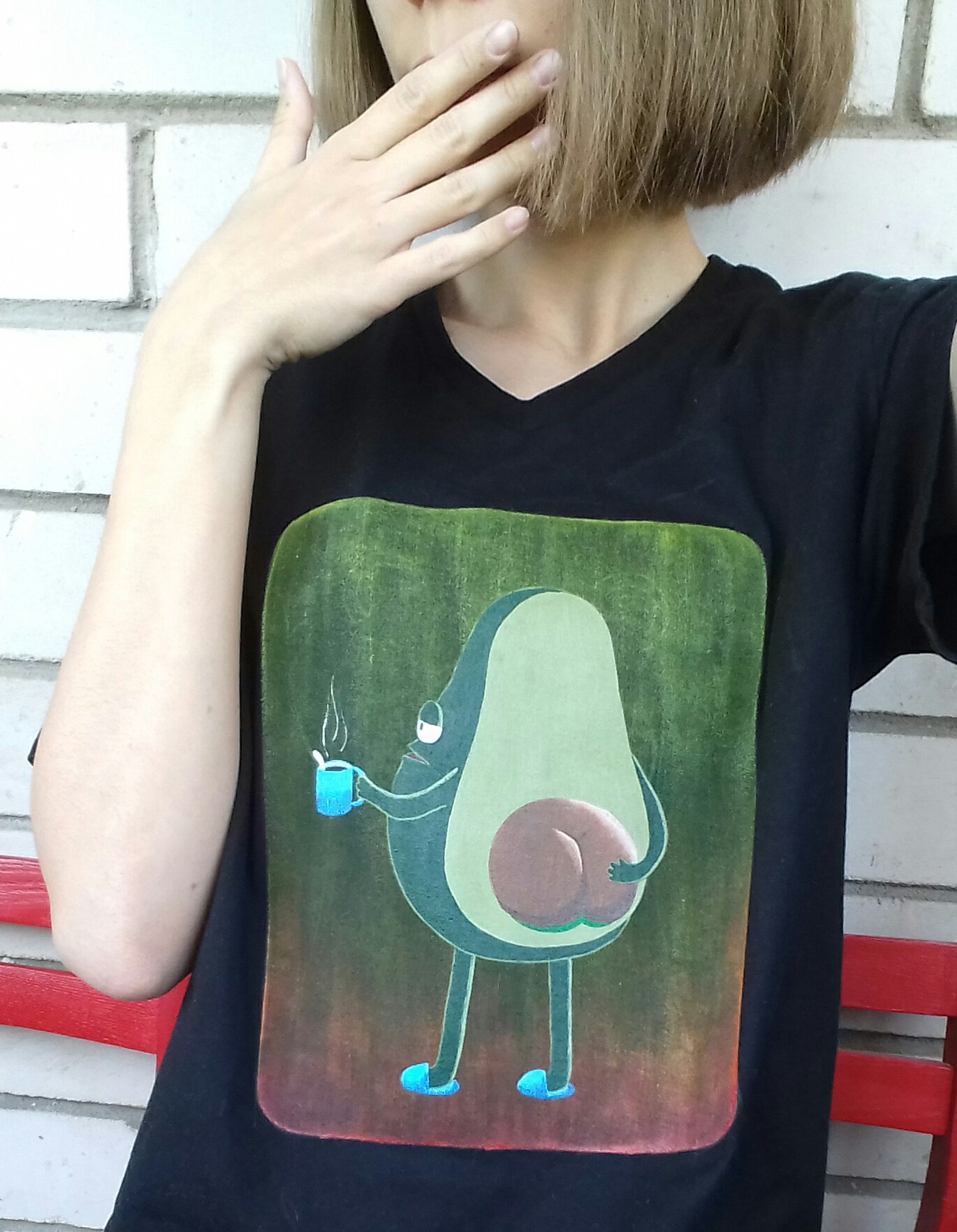 Morning Mister Avocado - My, Needlework with process, Painting on fabric, T-shirt, Avocado, Slippers, A cup, Longpost