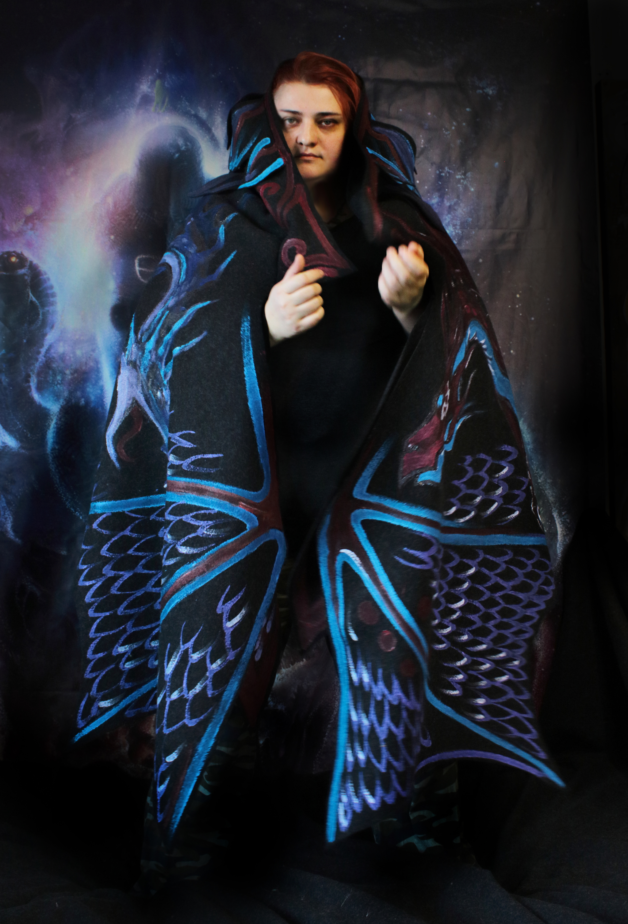 Wing shawl Two dragons - My, Kai Yara, Shawl, Painting on fabric, Warm clothes, Boho, The Dragon, Fantasy, Longpost