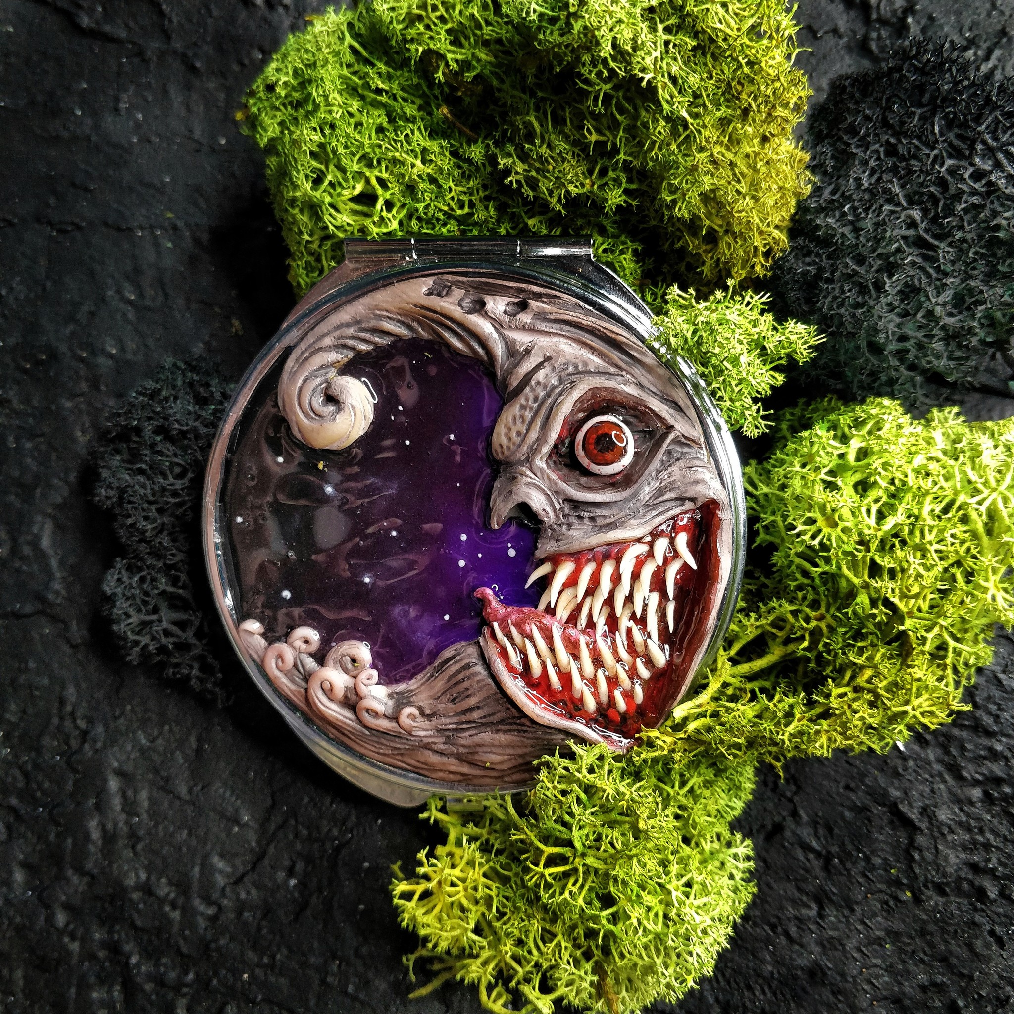 Pocket mirror - My, Polymer clay, Handmade, Mirror, pocket mirror, moon, Horror