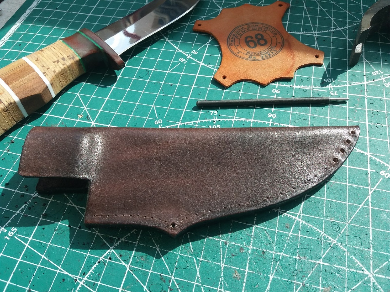 Knife sheath. My first - My, Needlework with process, Longpost, Leather products, Sheath