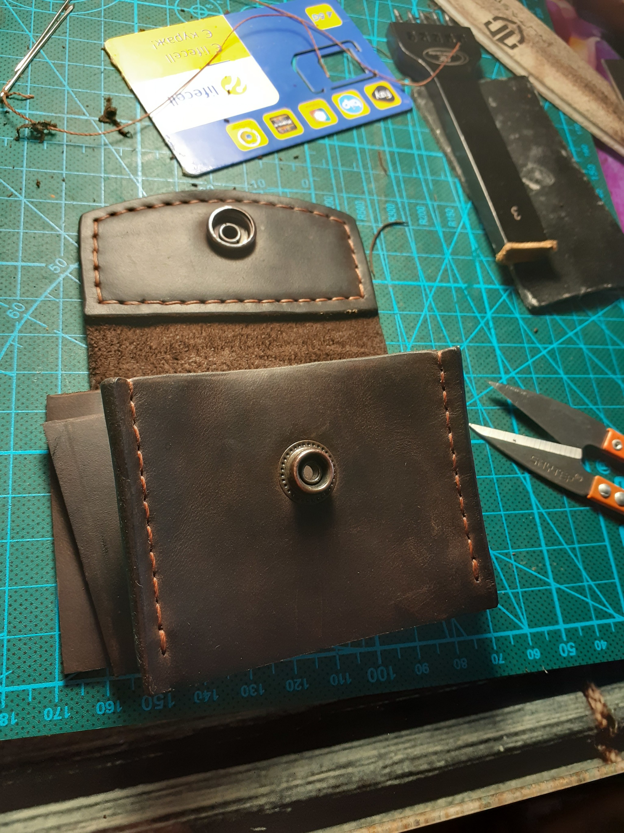 Wallet with coin box - My, Leather products, Leather craft, Natural leather, Leather, Longpost, Needlework with process