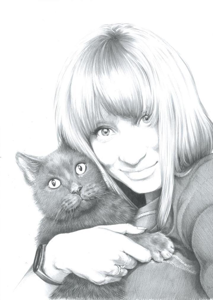 Girl and cat - My, Portrait, Girls, cat, Animals, Drawing, Artist