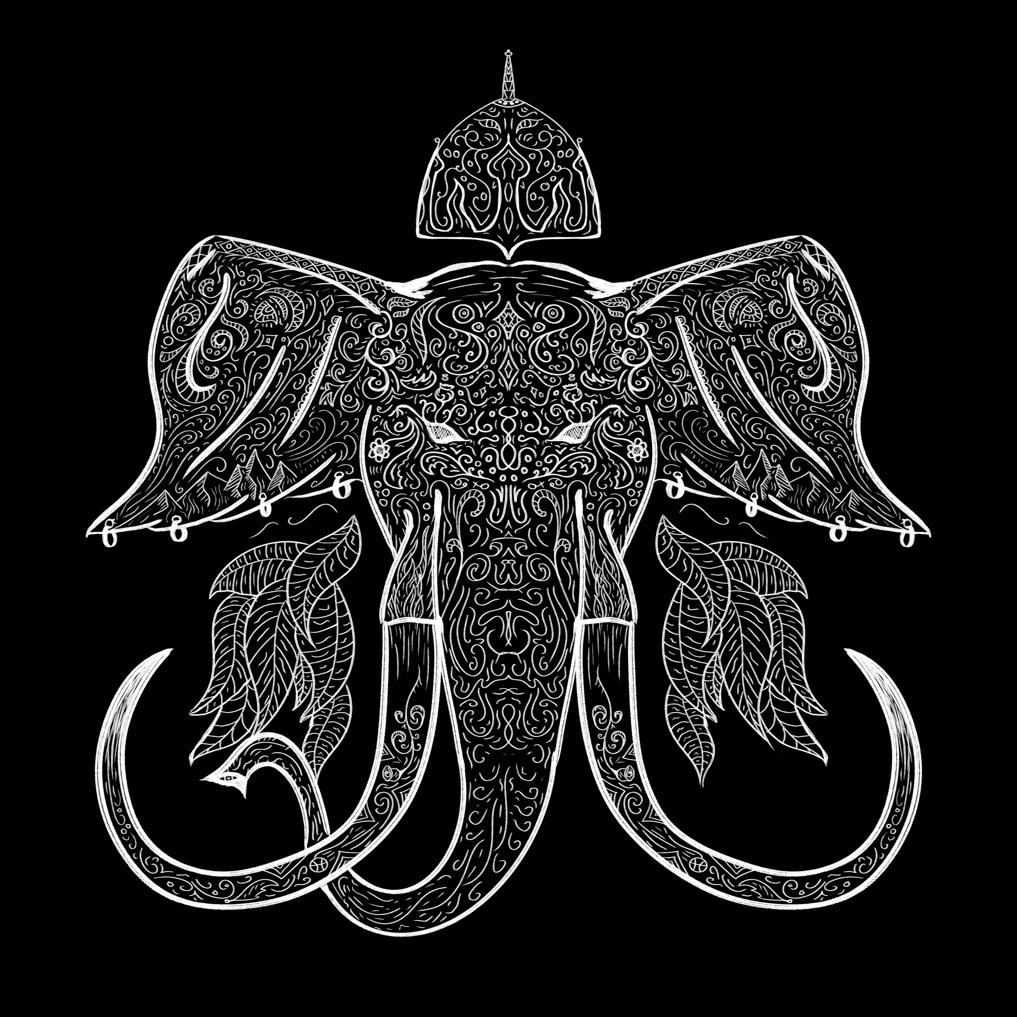 More patterns to God of patterns! - My, Owl, Elephants, Octopus, Illustrations, Digital drawing, Patterns, White on black, Longpost