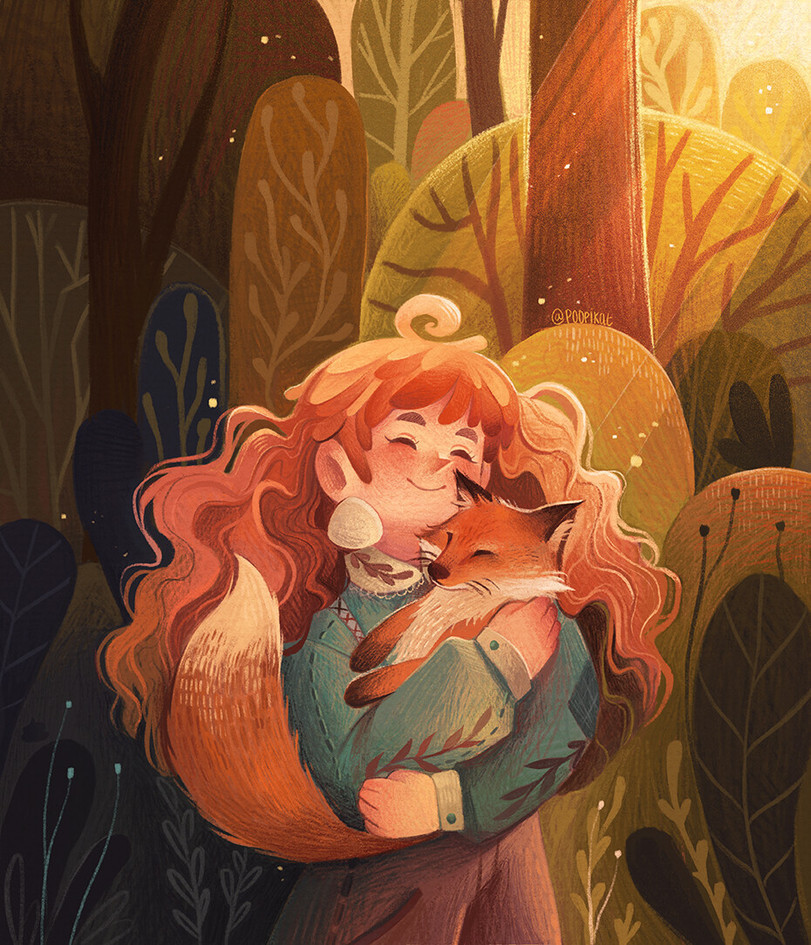 Girl and Fox - Art, Girl, Fox, Hugs, Redheads