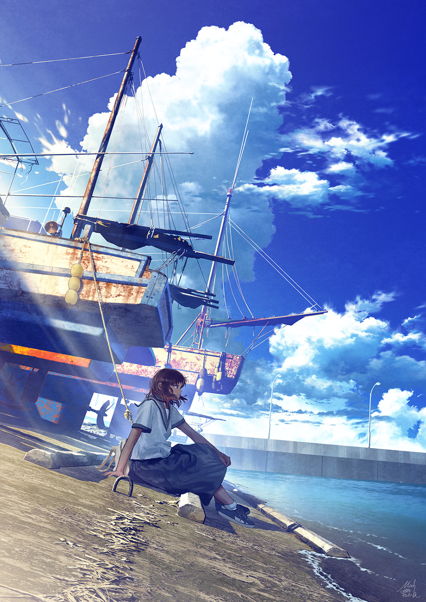 Harbor - Art, Ship, Harbor, Landscape, Girls, Summer, Mocha, Anime art