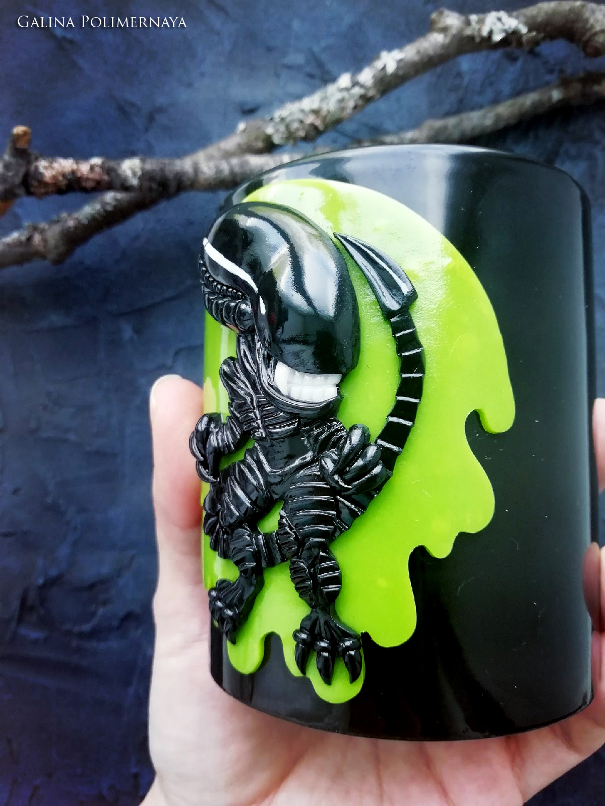 Mug with Chibi Xenomorph ^_^ - My, Xenomorph, Stranger, Alien movie, Кружки, Needlework without process, Handmade, Polymer clay, Лепка, Longpost, Mug with decor