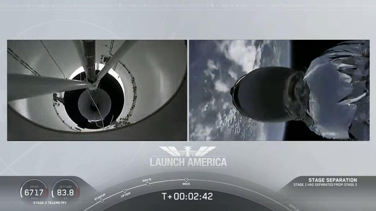 The Falcon 9 launch vehicle successfully launched the Crew Dragon manned spacecraft into orbit! - Spacex, Falcon 9, Dragon 2, Space, NASA, Running, Astronaut, Video, Longpost