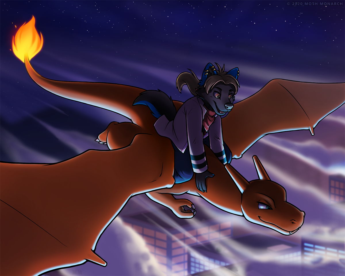 Late night flight - Anthro, Art, Furry, Dog, Pokemon, Charizard