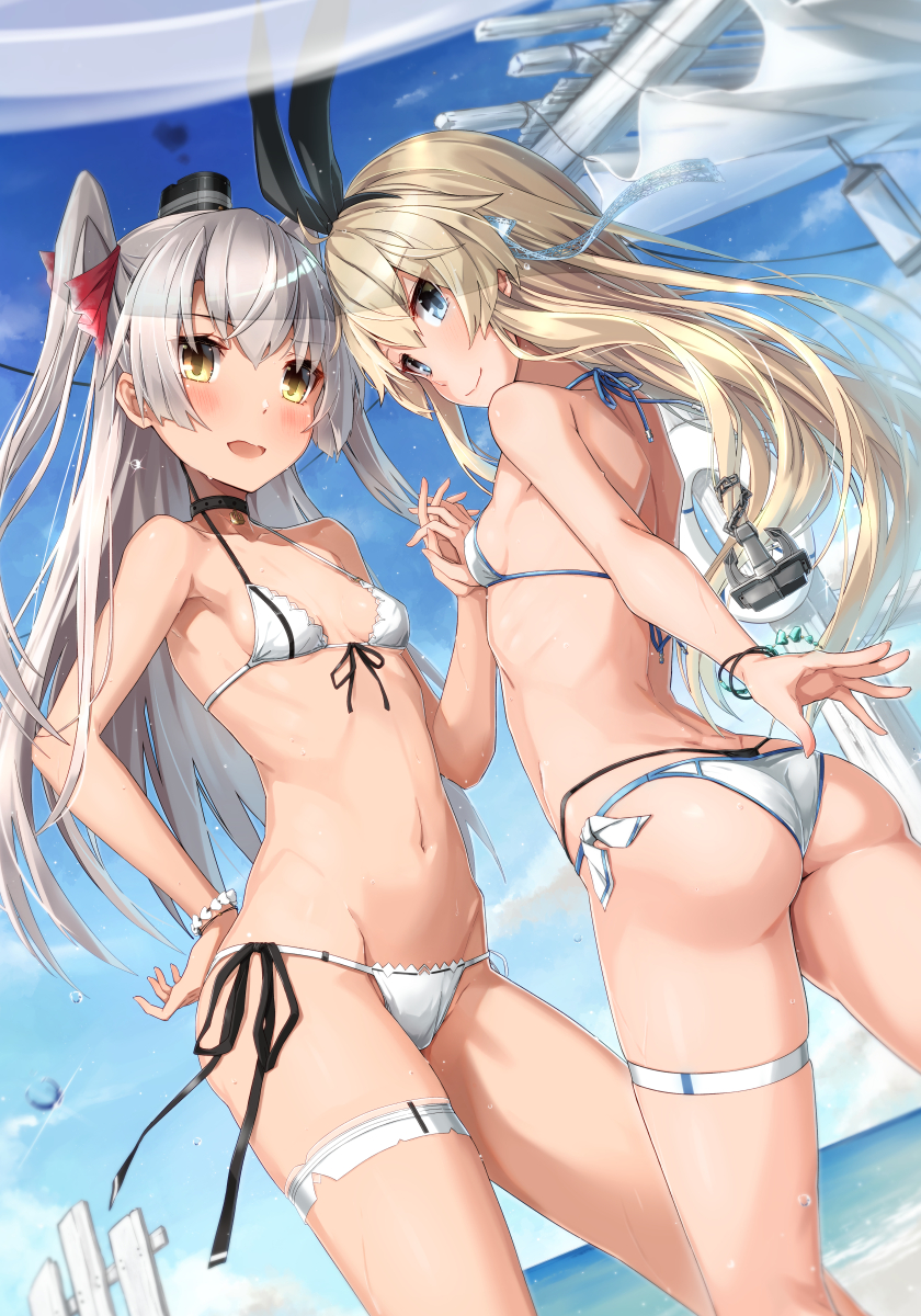 Bikini no Hi - Kantai collection, Johnston, Shimakaze, Amatsukaze, Anime, Anime art, Swimsuit, Bikini, Longpost