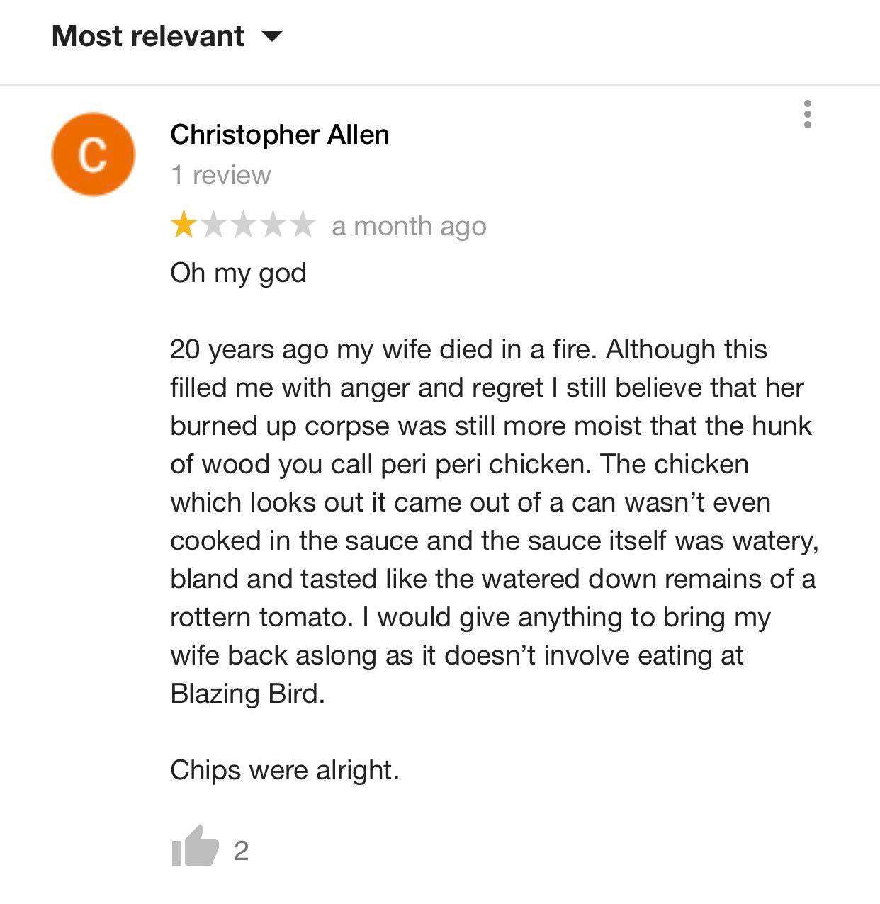 Review of a restaurant specializing in chicken dishes - A restaurant, Hen, Review, Sauce, Fire, Dead body, Wife