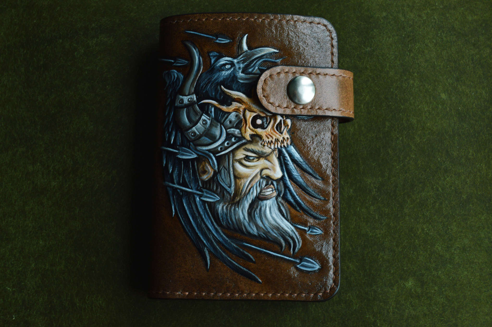 Viking. Medium wallet - My, Викинги, Drakkar, Crow, Wallet, Embossing on leather, Leather, Longpost, Needlework without process