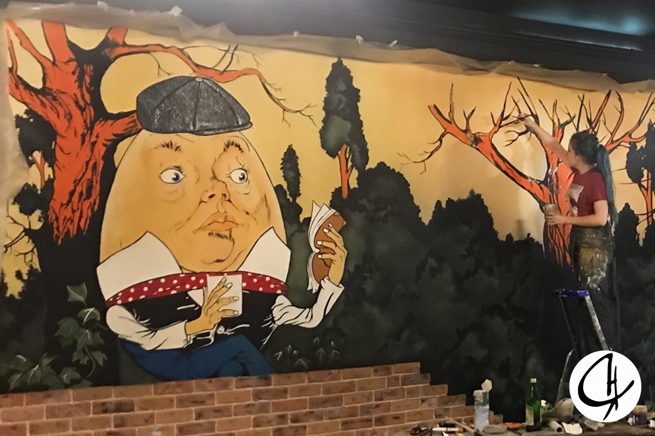 Humpty Dumpty in the pub - My, Wall painting, Airbrushing, Artist, Drawing, Longpost, Needlework without process