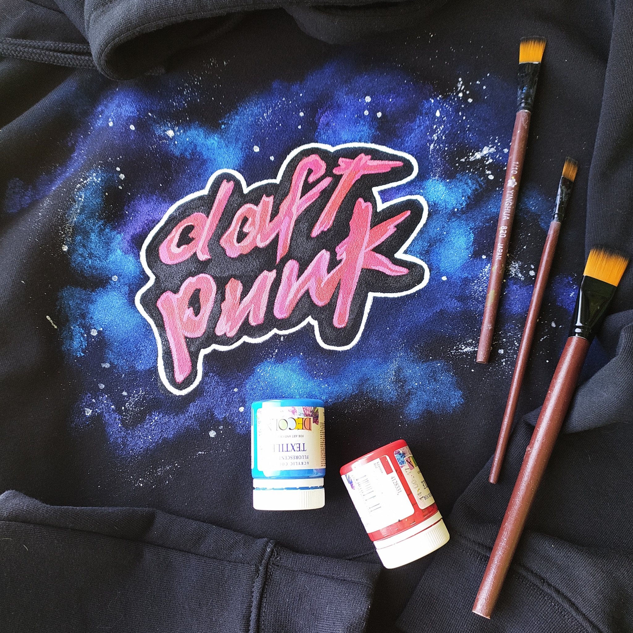 Daft Punk. Hand painted sweatshirt - My, Handmade, Daft punk, Painting on fabric, With your own hands, Space, Needlework without process, Longpost