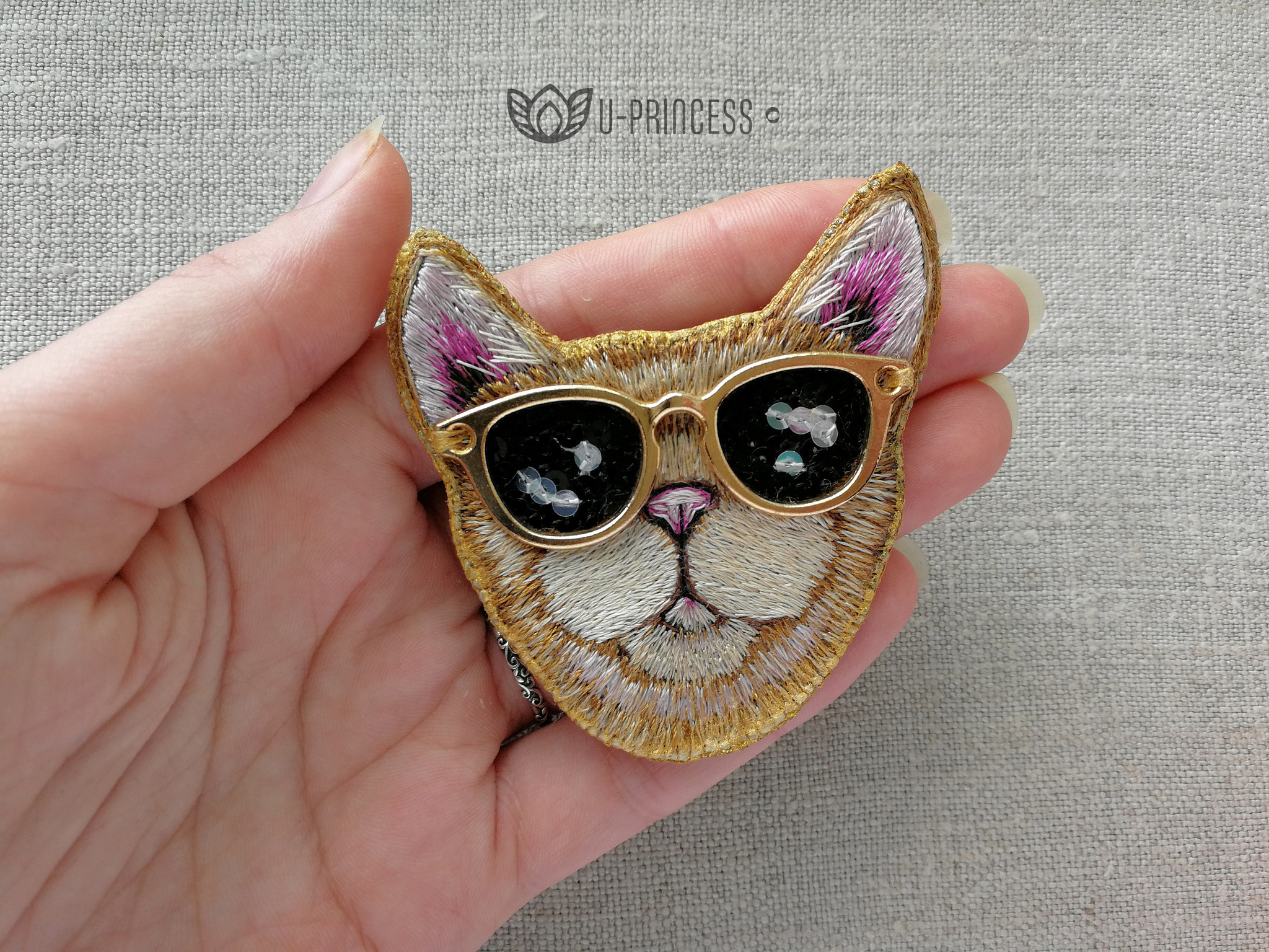 Brooch Red cat - My, Brooch, Satin stitch embroidery, Embroidery, cat, Sequins, Handmade, Needlework without process