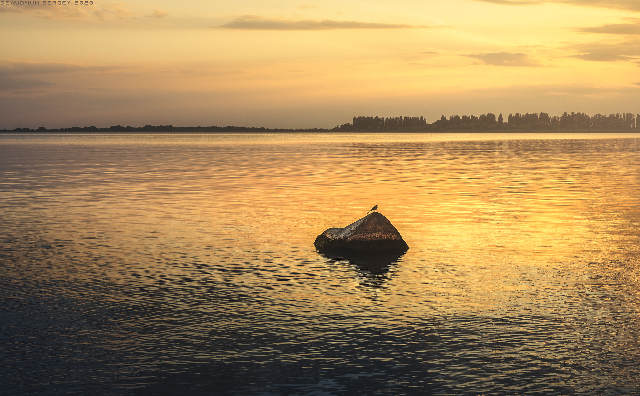 Island for one) - My, The photo, Birds, Landscape, Sunset, Horizon, River, Nature