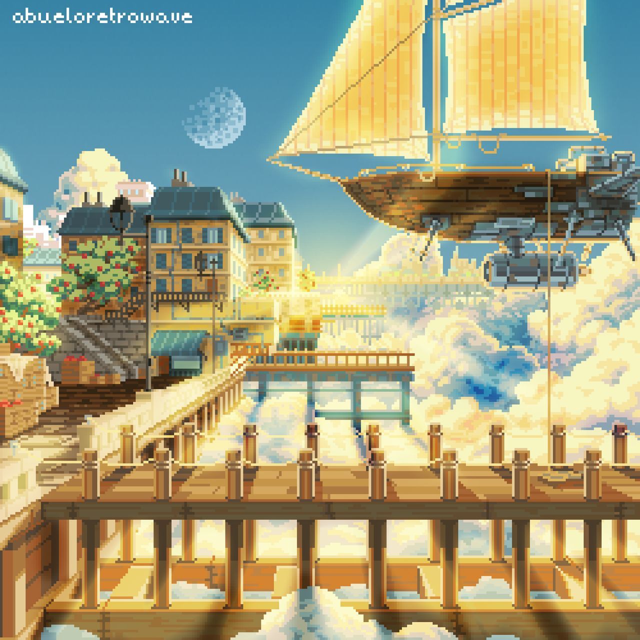 Heavenly Harbor - Art, Drawing, Ship, The pier, Pixel Art