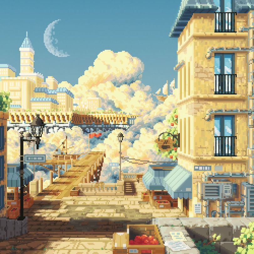 Heavenly Harbor - Art, Drawing, Ship, The pier, Pixel Art