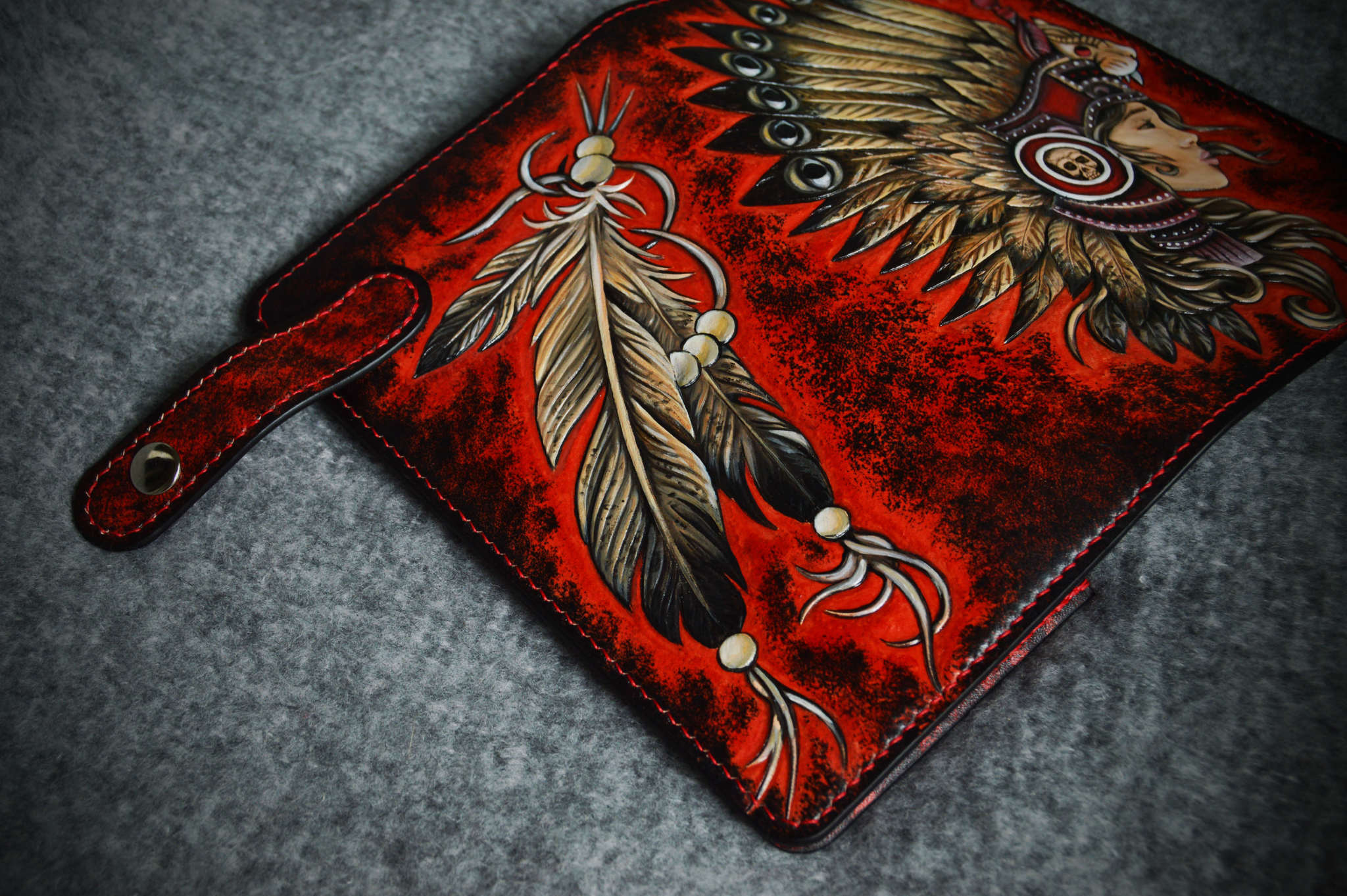 Clutch with Indian embossing - My, Indian, Feathers, Wallet, Embossing on leather, Leather, Needlework without process, Longpost