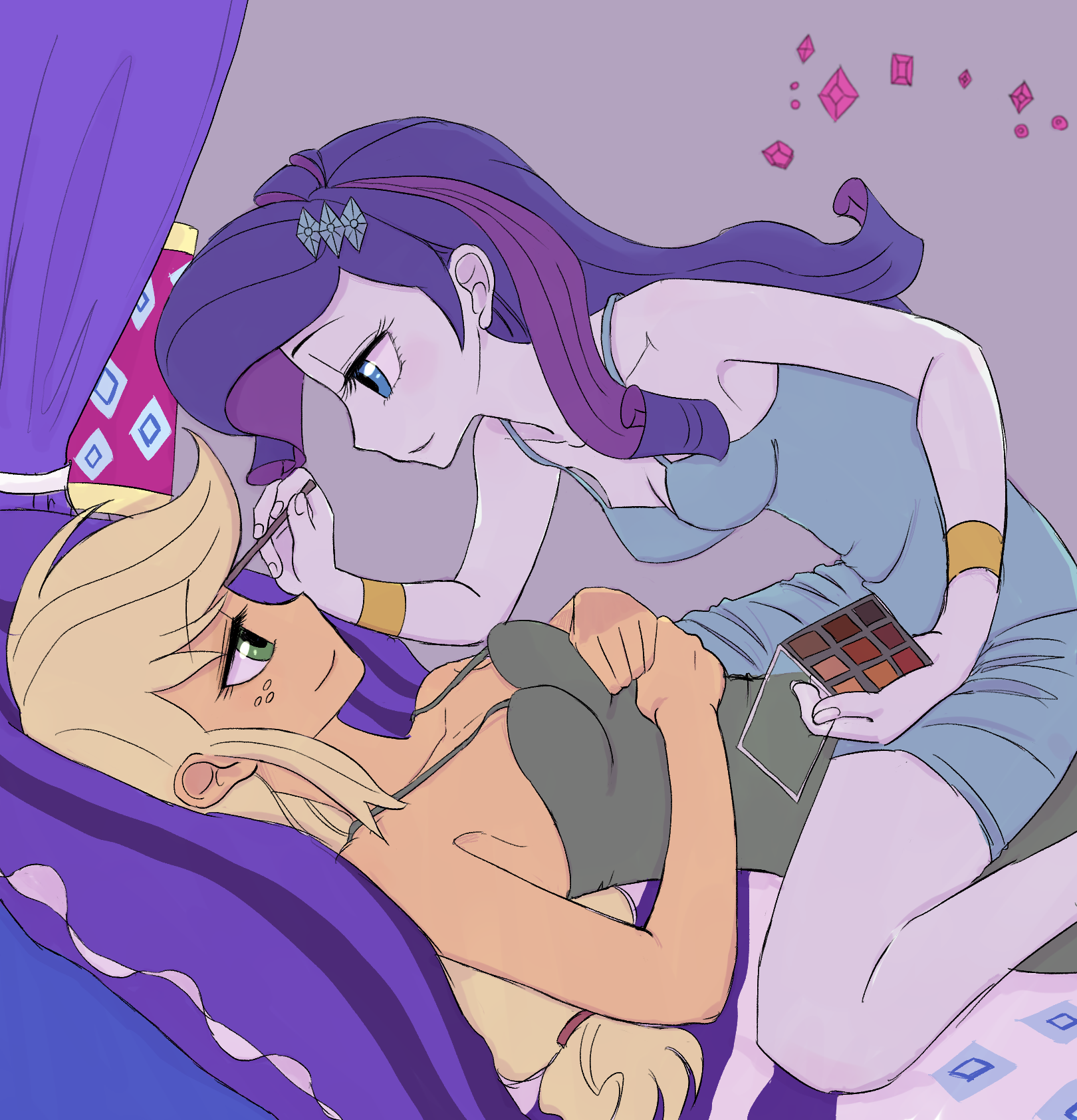 “Darling, how do you walk around without makeup? Come on, lie down!” - My little pony, Equestria girls, Rarity, Applejack, MLP Lesbian, Shipping, Haibaratomoe