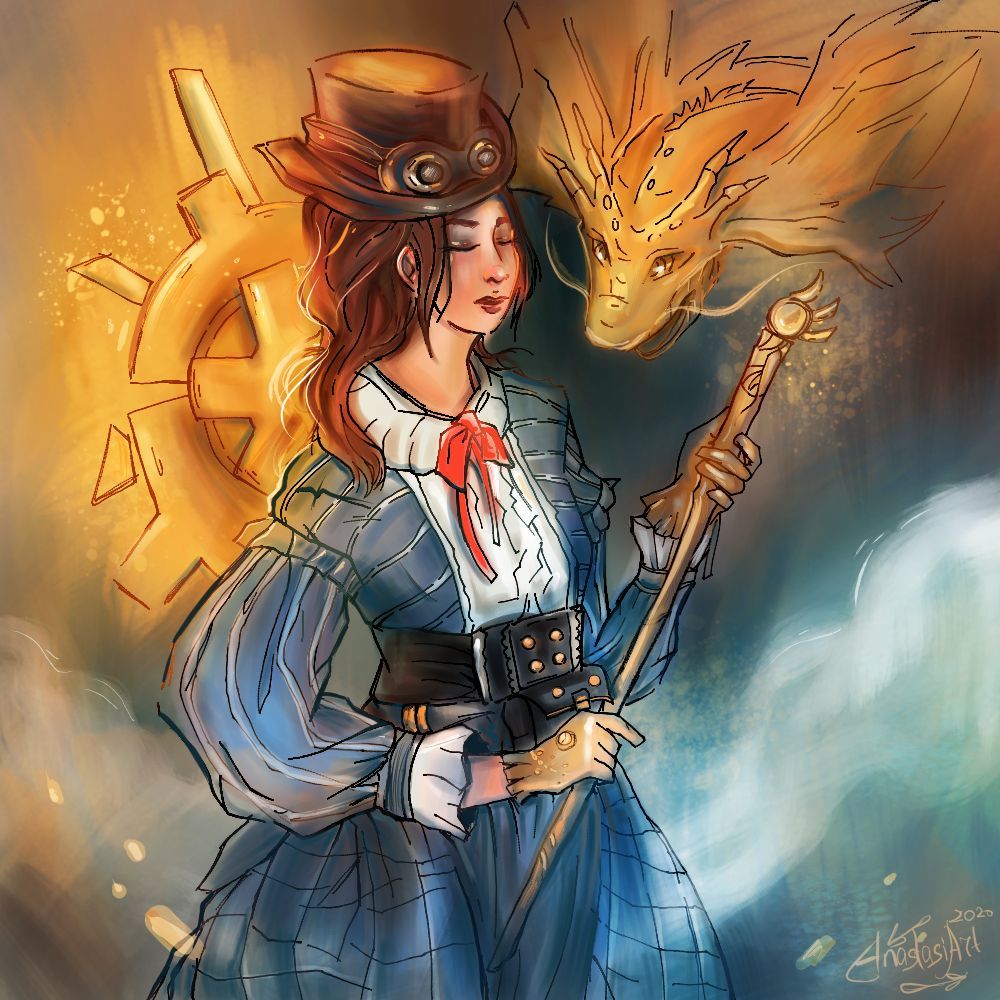 A girl with a dragon and a little steampunk - The Dragon, Steampunk, Beautiful girl, Art